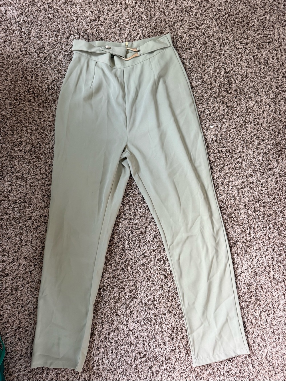 SHEIN Sage Green High-Waist Trousers with Decorative Waist Clasp